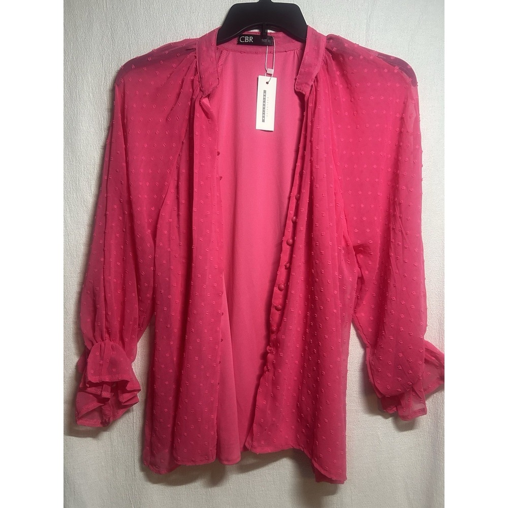 CBR Women's Hot Pink Button Up Shirt Sheer Sleeves Size XL NWT